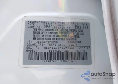 2017 Nissan Sentra S из США, поврежденный, VIN 3N1AB7AP3HY306536